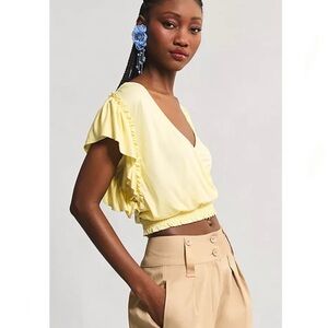 Anthropologie Silky Deep V Neck Top, Yellow Soft Girl Aesthetic Coquette Size S